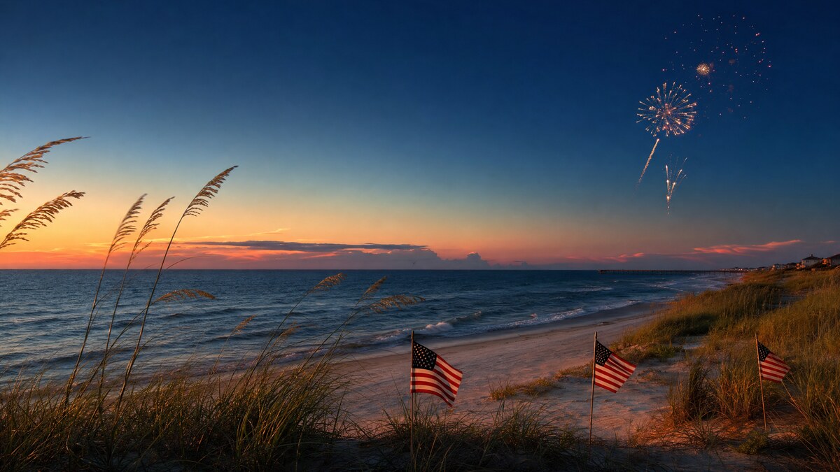 Fireworks over the ocean at dusk with American flags in the sea oats on a Crystal Coast beach