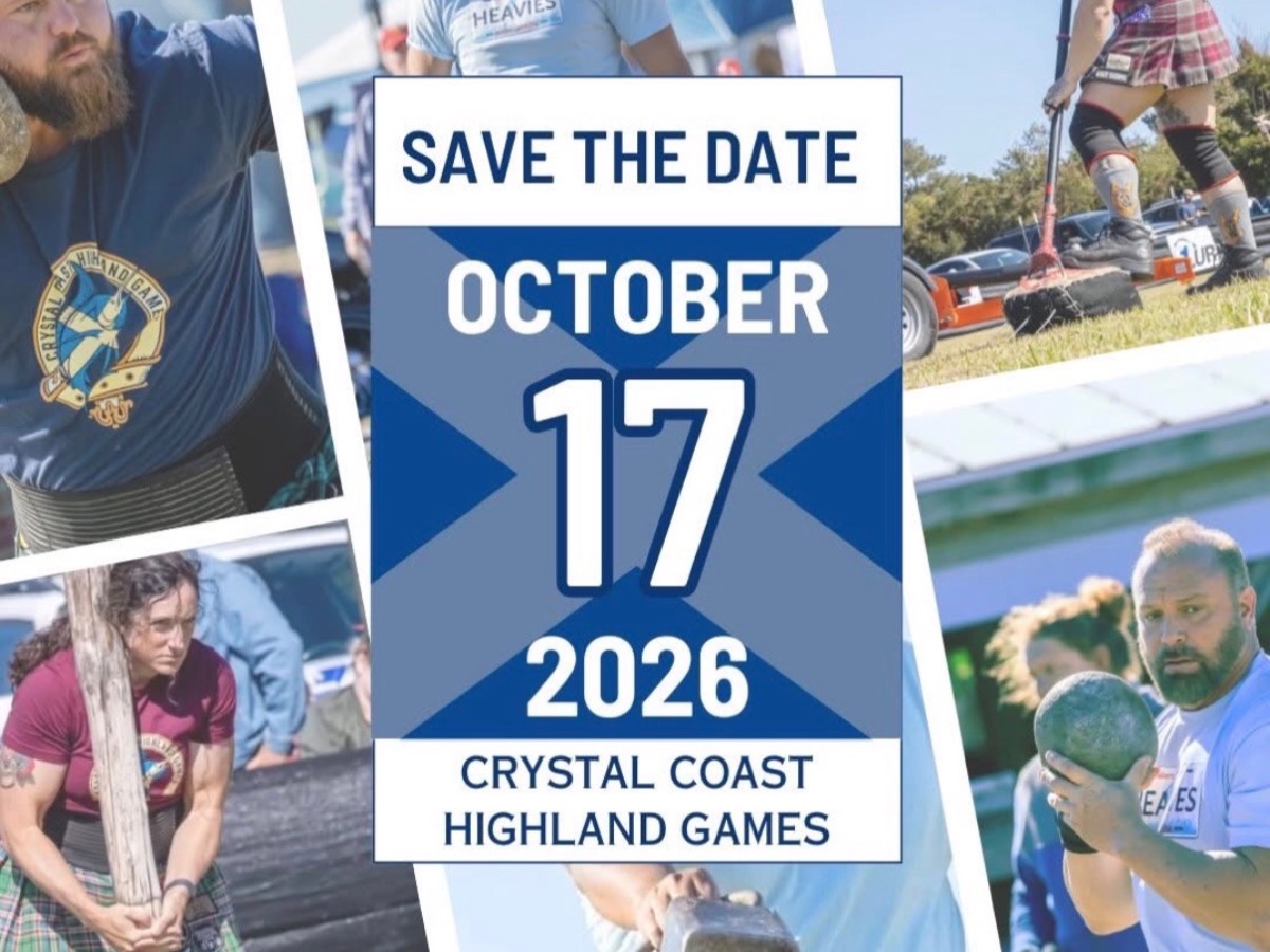 Crystal Coast Highland Games, save the date October 17 2026 — athletes in kilts competing in the caber toss, stone put and weight throw