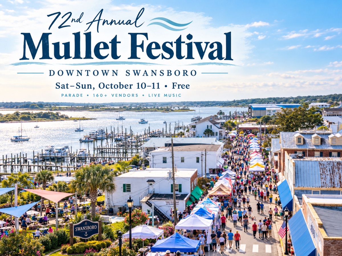 72nd Annual Mullet Festival, Downtown Swansboro, Sat–Sun October 10–11, free — parade, 160+ vendors, live music; aerial of tents along Front Street with the White Oak River behind