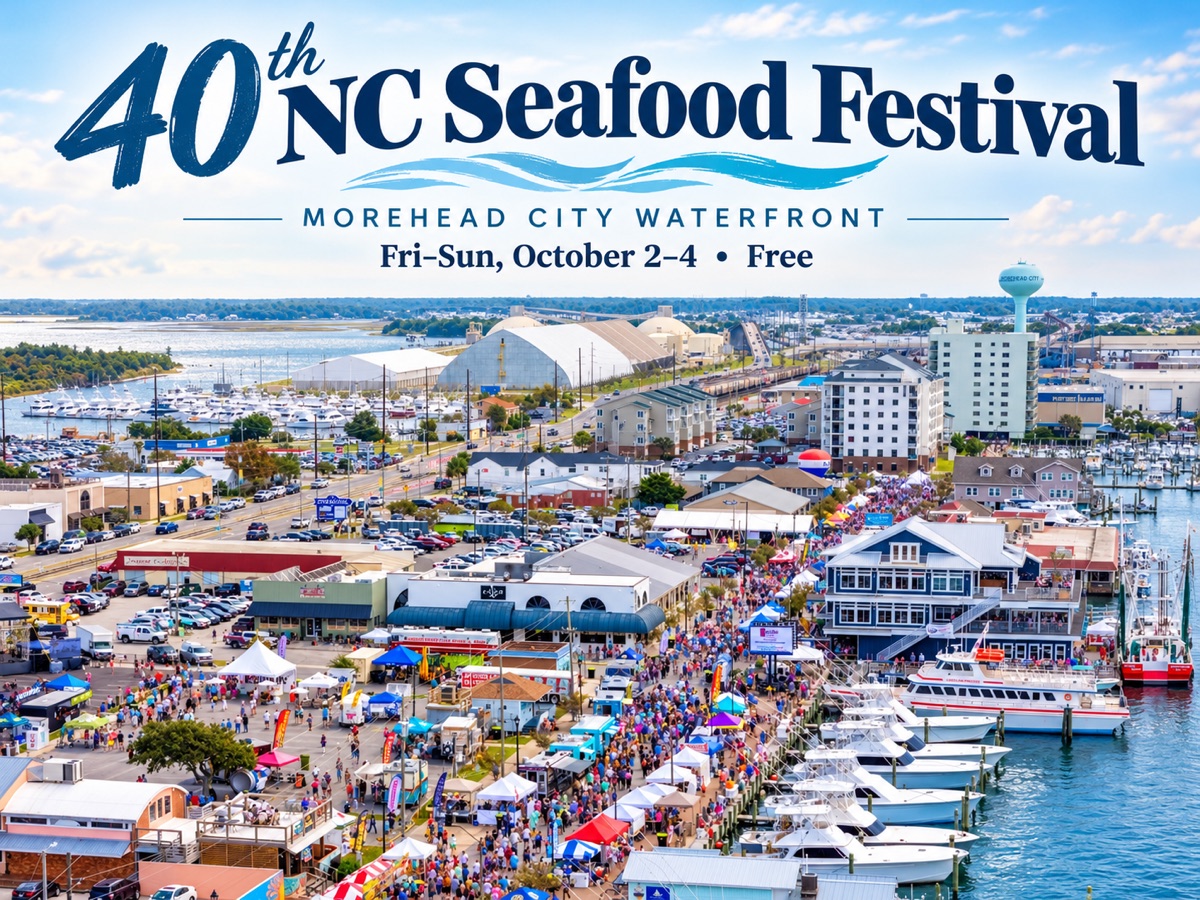 40th NC Seafood Festival, Morehead City Waterfront, Fri–Sun October 2–4, free — aerial of the festival crowd, vendor tents and sportfishing boats along the docks